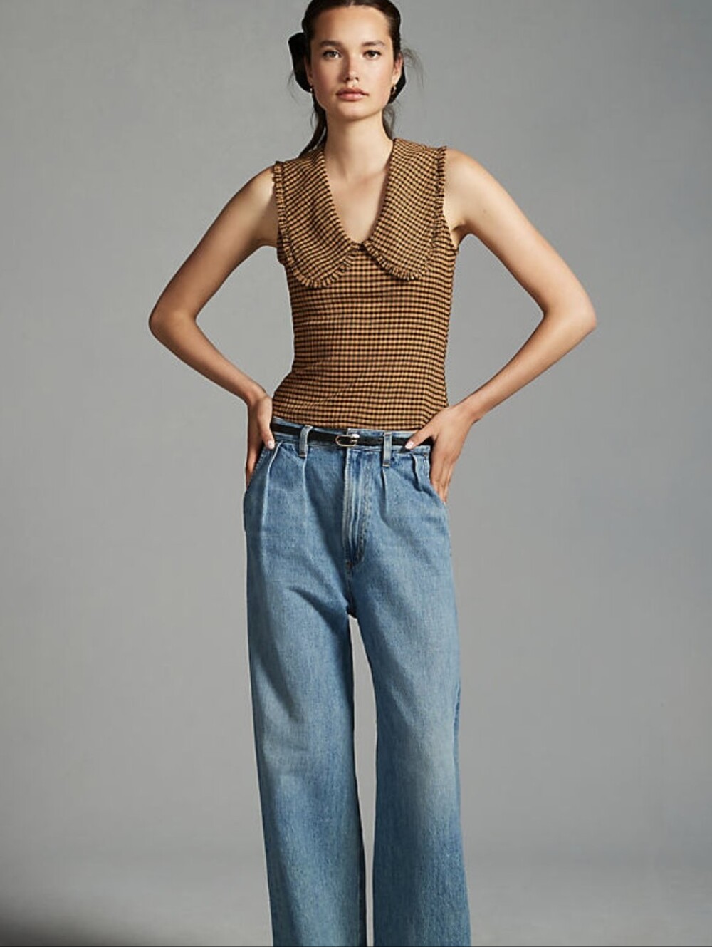 Mauve Ruffled Round Collar Gingham Tank Top
